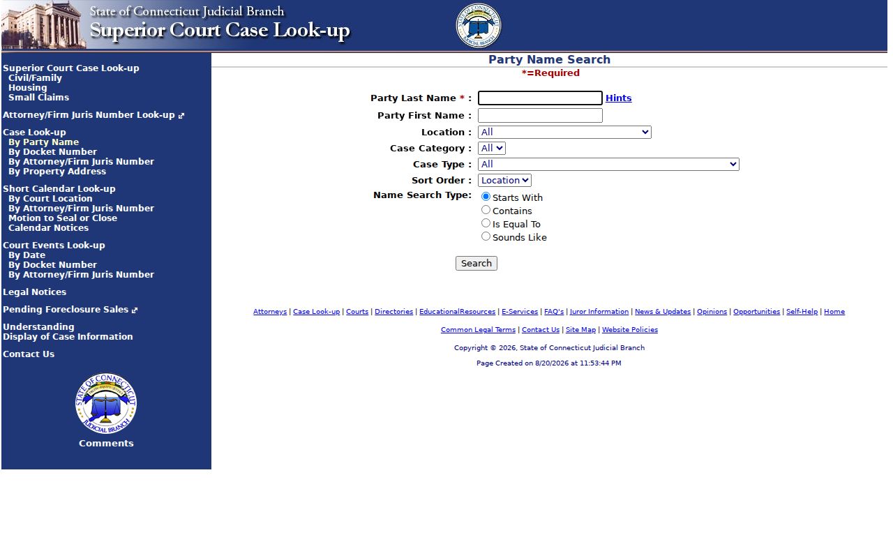 Groton resident lookup Connecticut civil party search fields