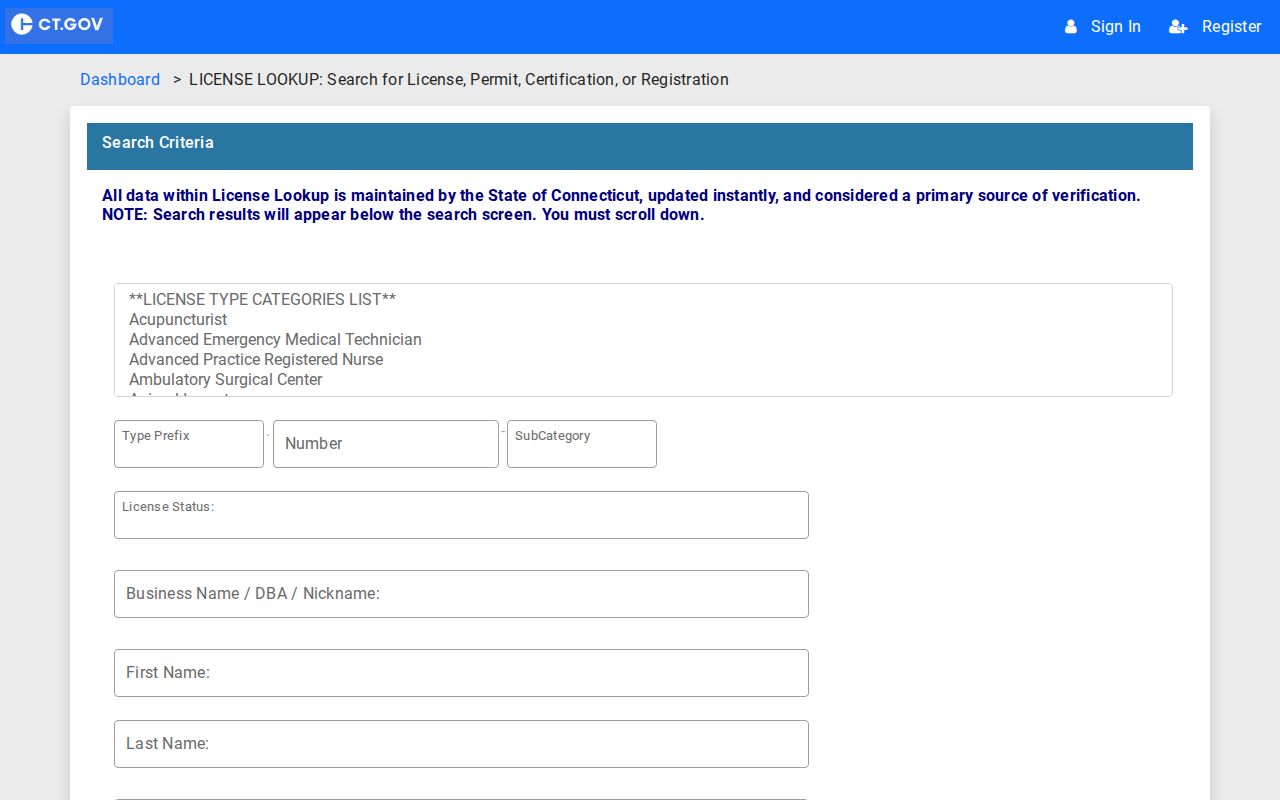 Groton resident lookup Connecticut eLicense credential search
